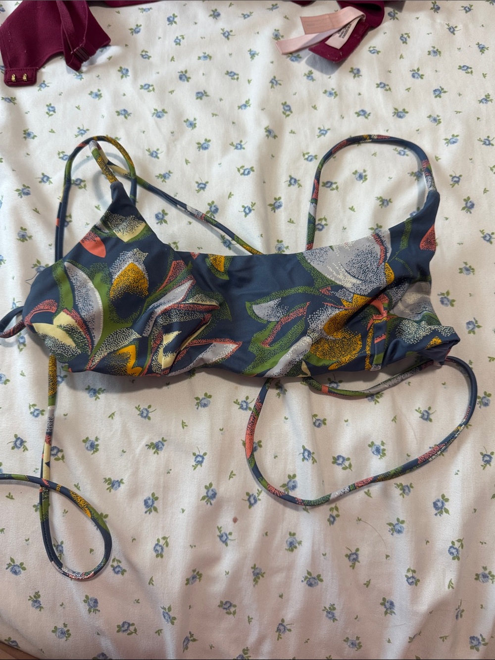 RVCA Blue Floral-Trim Bikini Top
